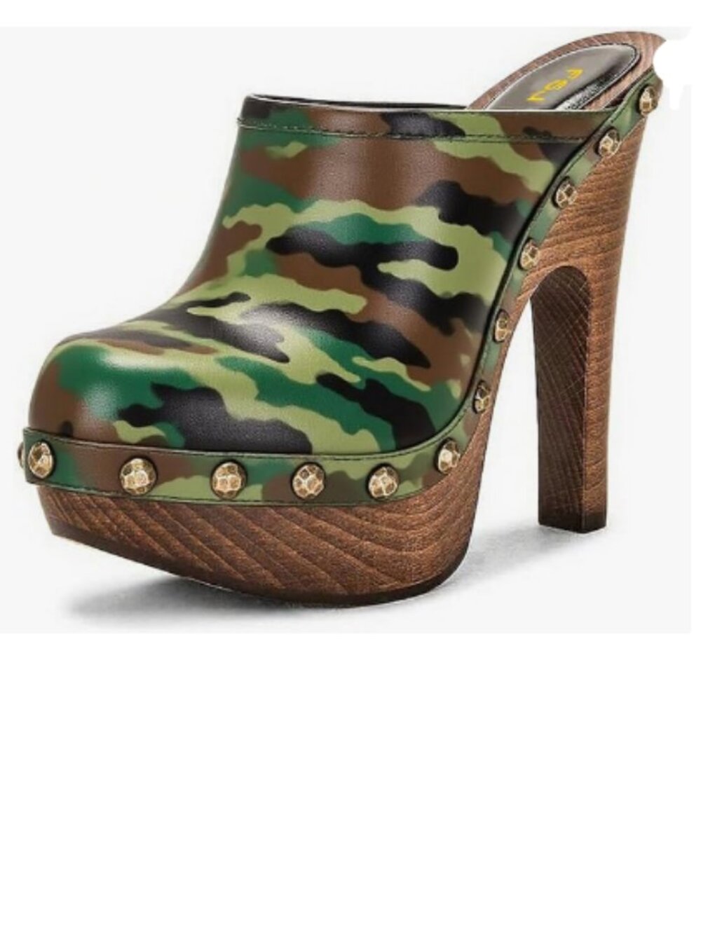 FSJ Camouflage Round Toe Wooden Block Heel Clogs Slip On Studded Platform Mules